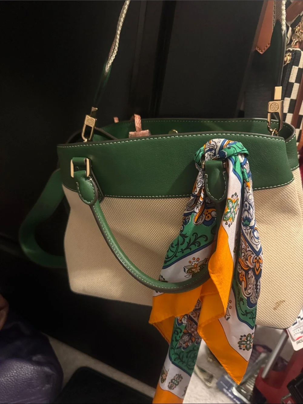 Tory Burch Green and Cream Canvas Shoulder Bag with Scarf Accent